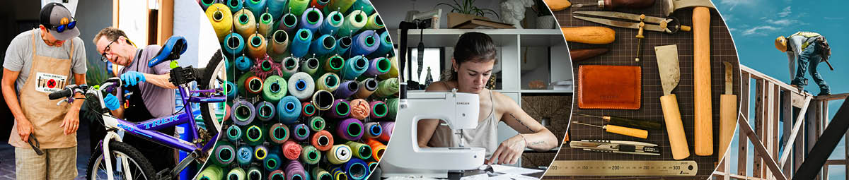 Collage of hands‑on repair, sewing and construction activities