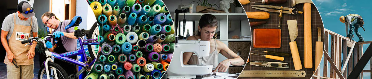 Collage of hands‑on repair, sewing and construction activities