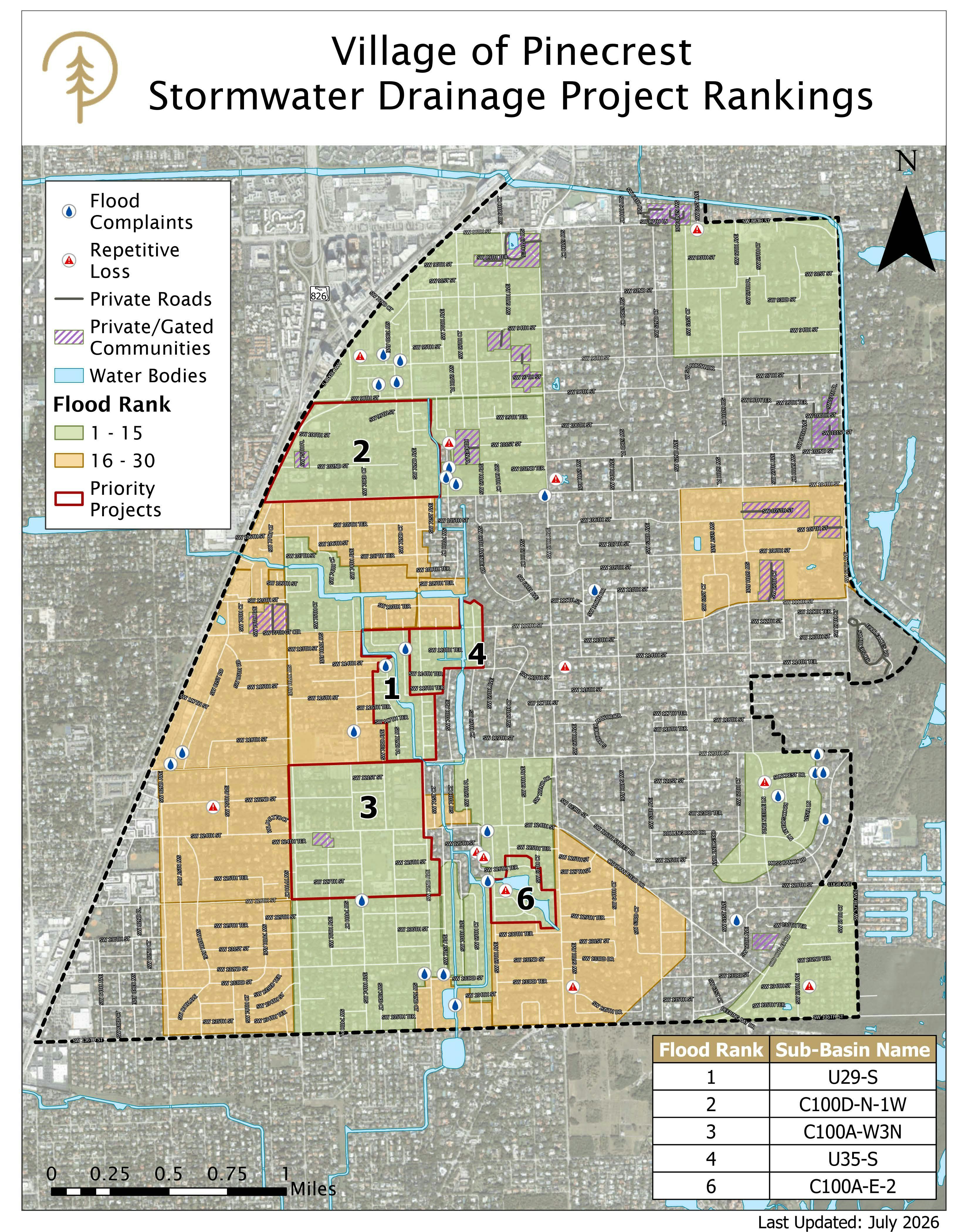 Map of Pinecrest showing 15 stormwater drainage basin priority areas.