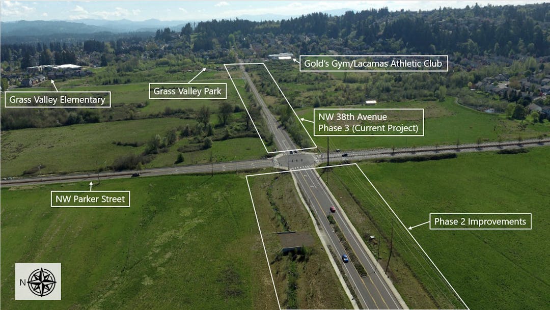 Aerial view of NW 38th Avenue and NW Parker Street depicting Phase 2 and Phase 3 of project