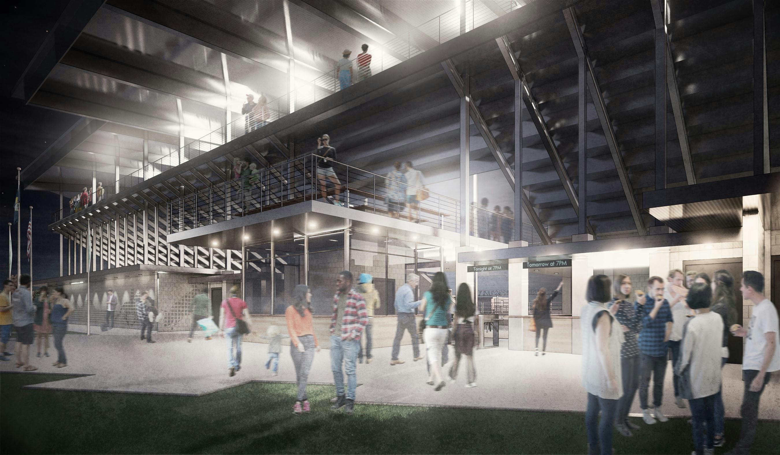 A rendering of the rodeo entryway behind the grandstands.