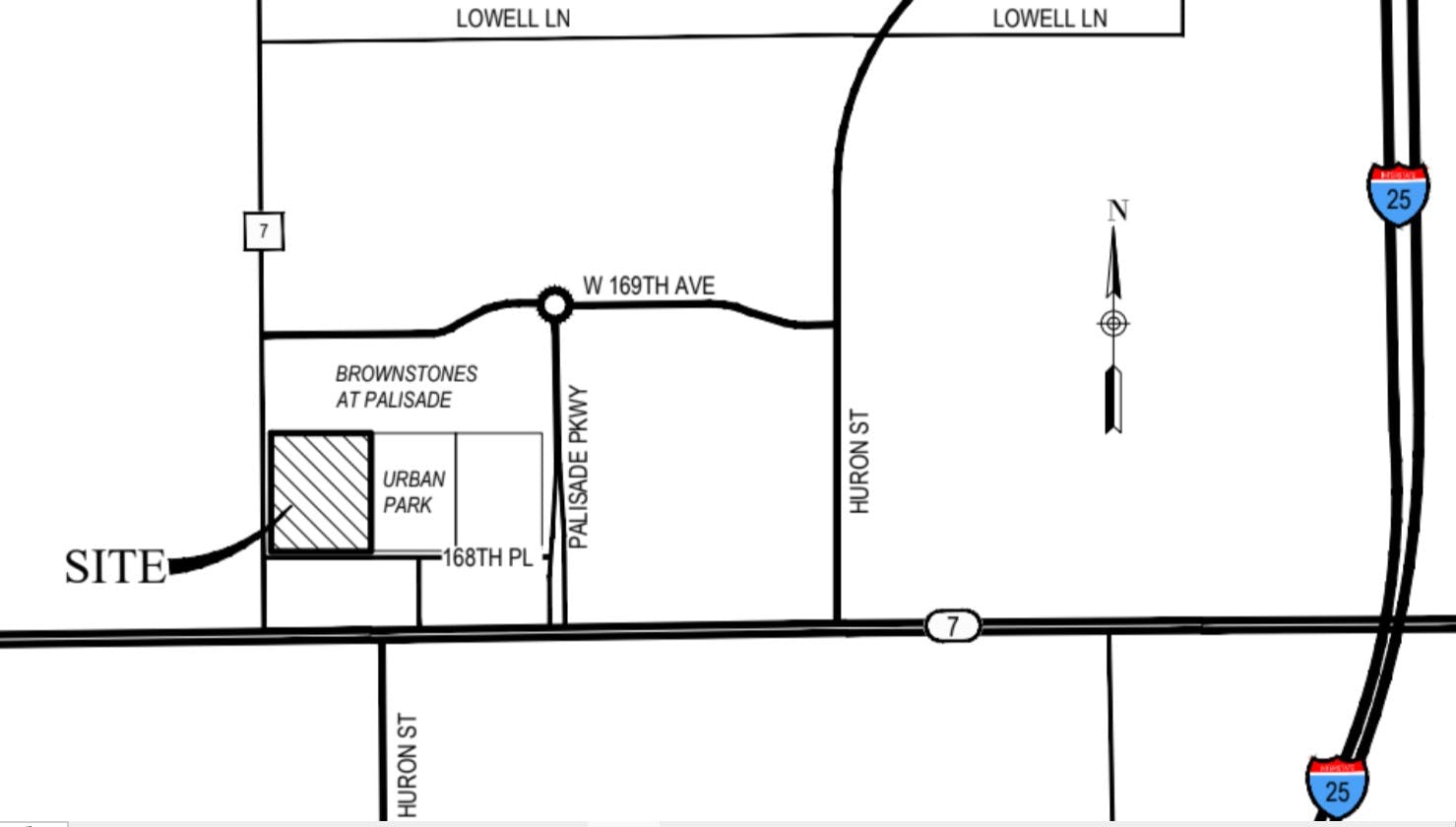 Vicinity map with project area hatched and the names of surrounding developments and roadways labelled. 