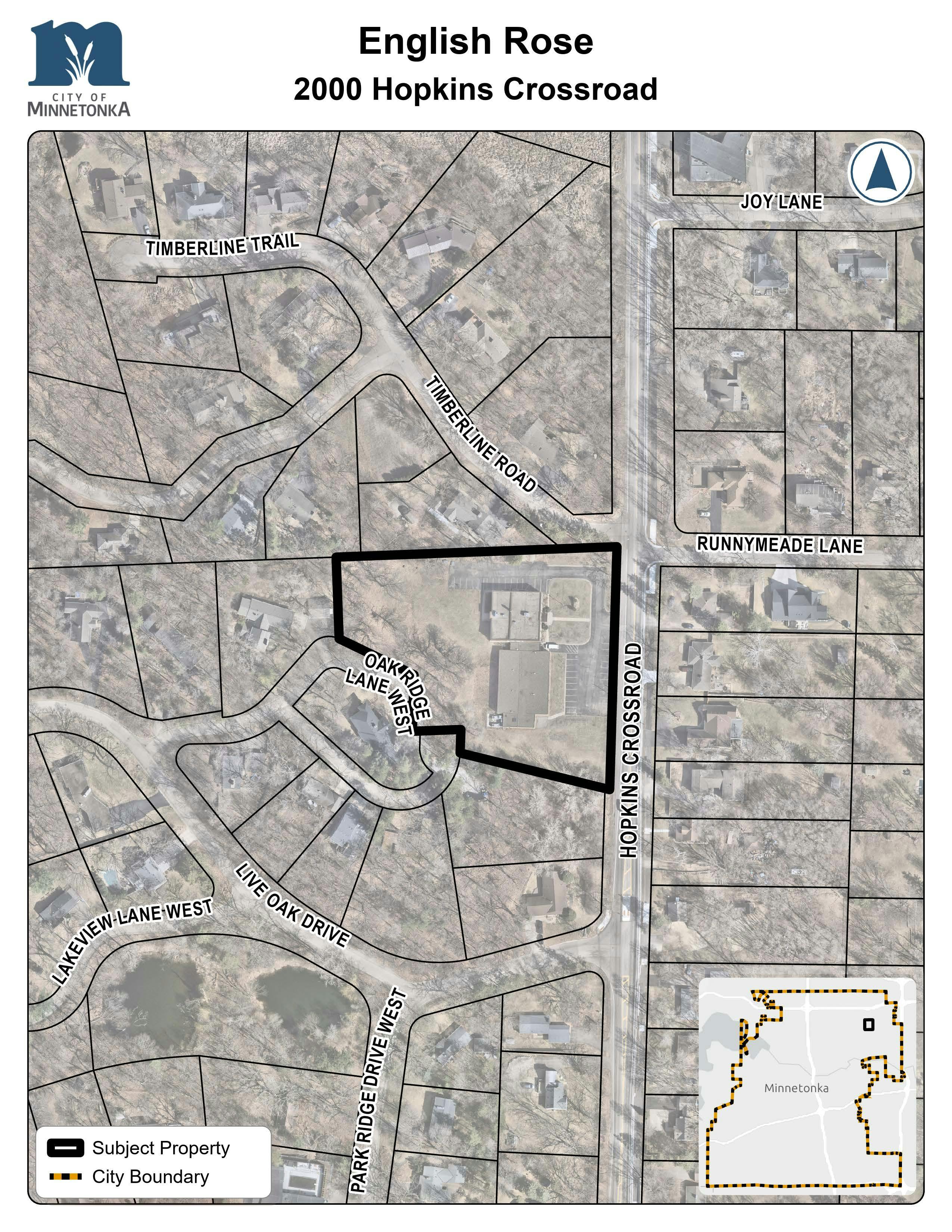 A map showing the location of the subject property at 2000 Hopkins Crossroad in Minnetonka. The property is outlined in black near Oakridge Lane West and Hopkins Crossroad. A small inset map shows the property’s location within the city boundary.
