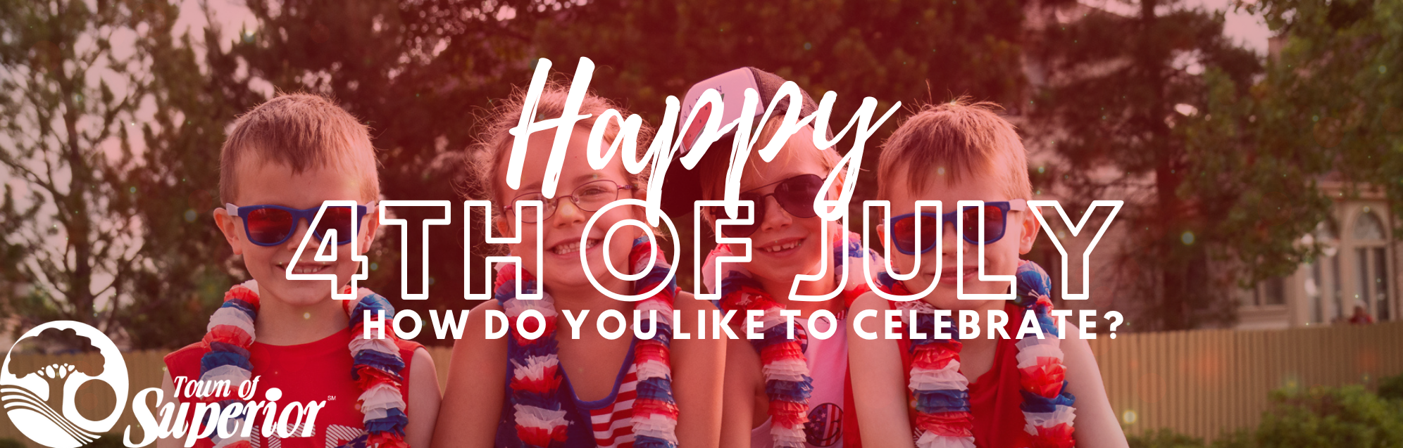 4 children wearing red, white and blue clothing, leis, and sunglasses waving flags, with "July 4th celebration"