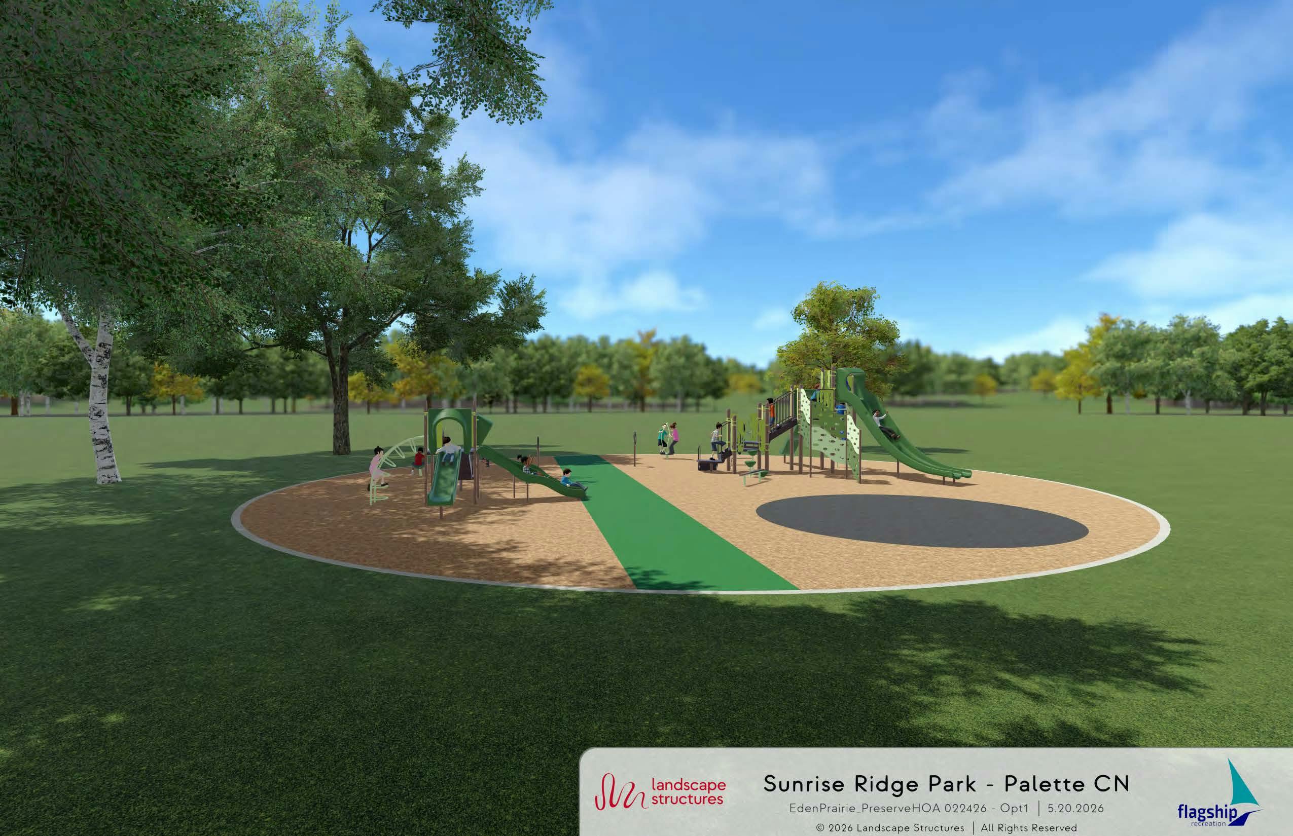 Rendering of a playground with slides, climbing areas, swings, and a circular play surface, set in a grassy park surrounded by trees under a blue sky.