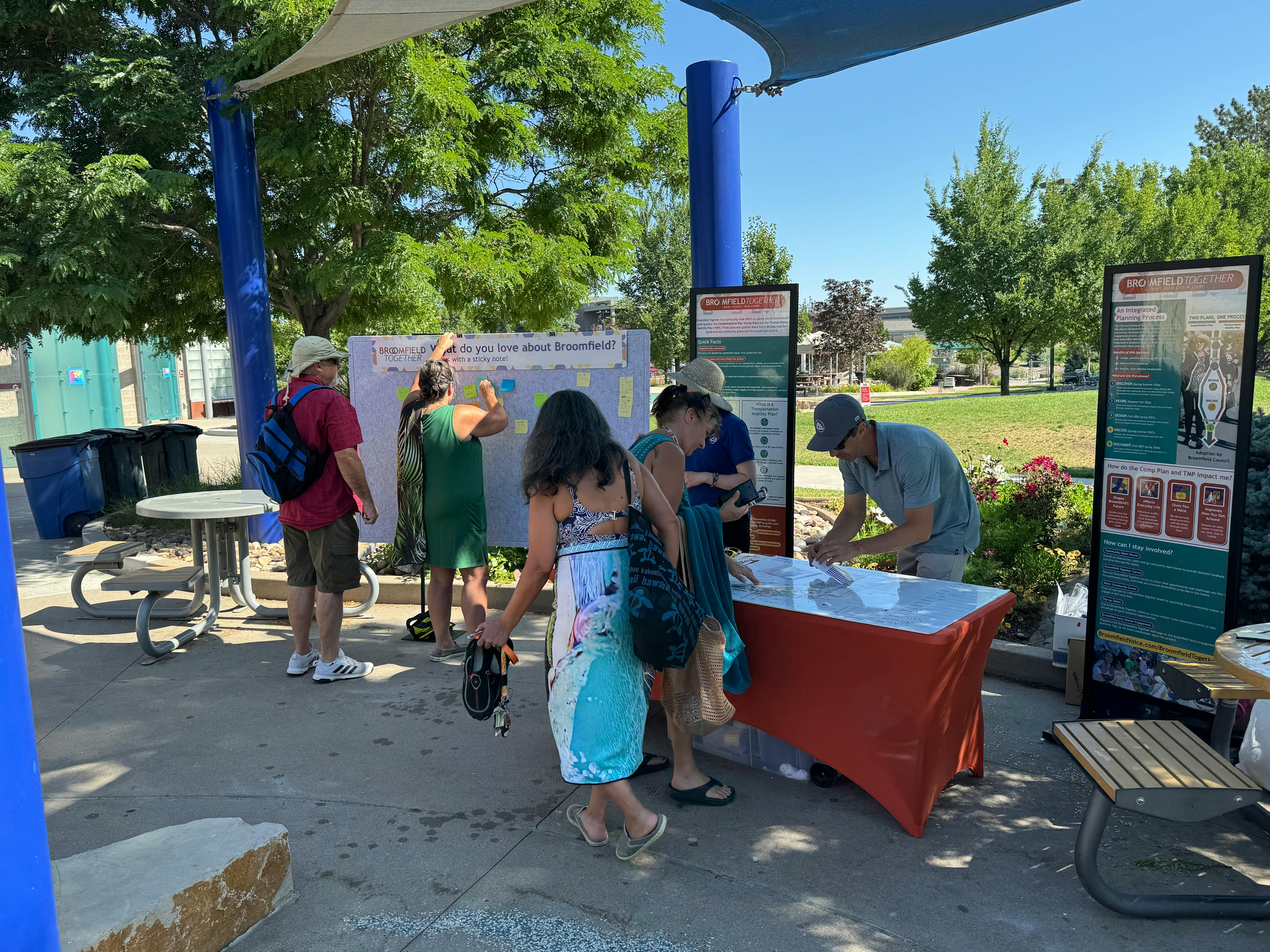 Photograph of an outdoor community engagement event for "Broomfield Together." People wearing swim suits and covers are interacting with a large gray board that asks, "What do you love about Broomfield? Tell us with a sticky note!" 