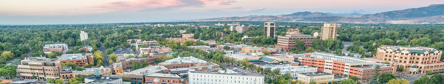 Aerial view of Downtown Fort Collins looking southwest toward the foothills
