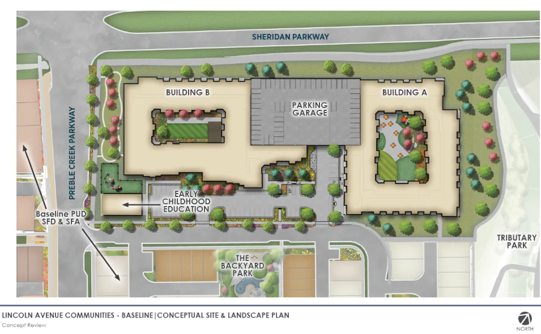 Site plan showing one commercial building to left (north) and a mixed use parcel to right (south)