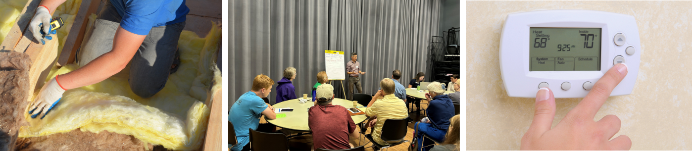 Photo of insulation, people at workshop, and thermostat 