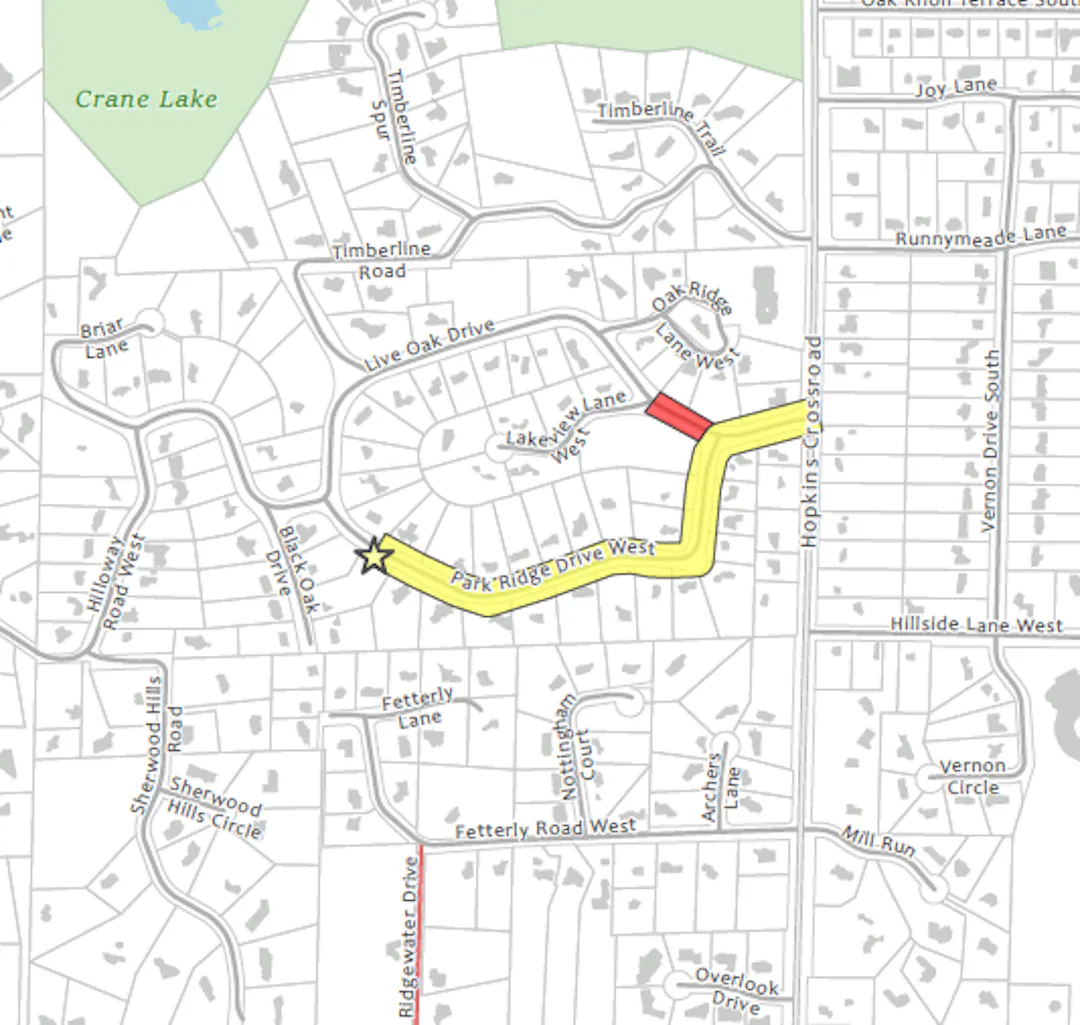 A location map. Park Ridge Drive West is highlighted between Hopkins Crossroad on the west and Live Oak Drive on the East. 