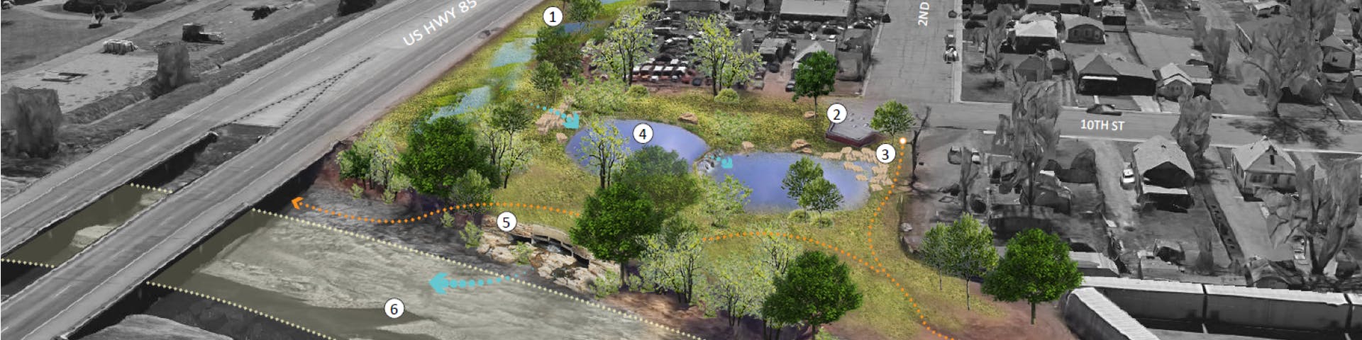 An early concept sketch of the bioswales and outfall where it will connect to the Poudre River