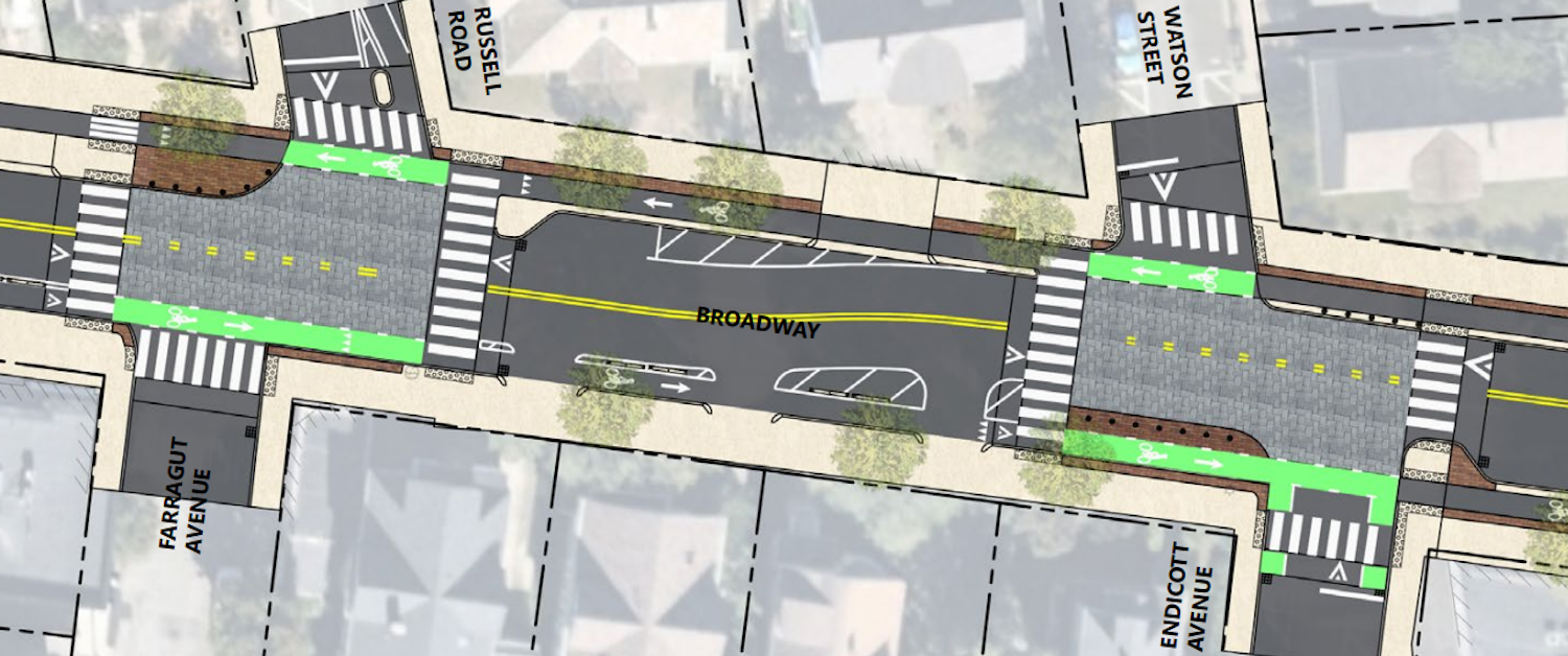 Option 1 includes two new raised intersections at Broadway/Endicott Avenue/Watson Avenue and Broadway/Russell Road/Farragut Avenue. One on-street parking space is proposed on the north side of Broadway between Watson Street and Russell Road. 