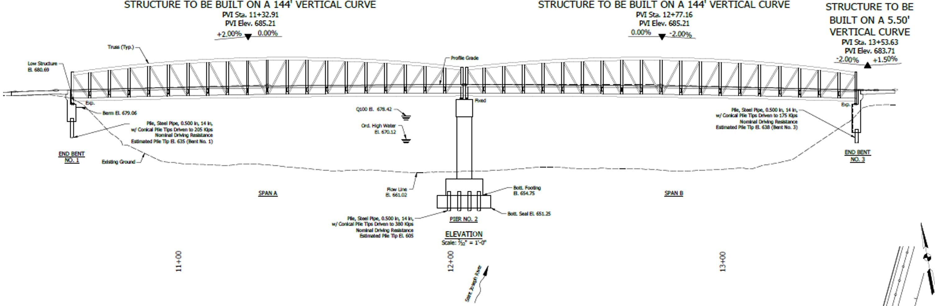 Diagram of a structure built on a 144' curve, as an example of the Marion-Madison connector. 