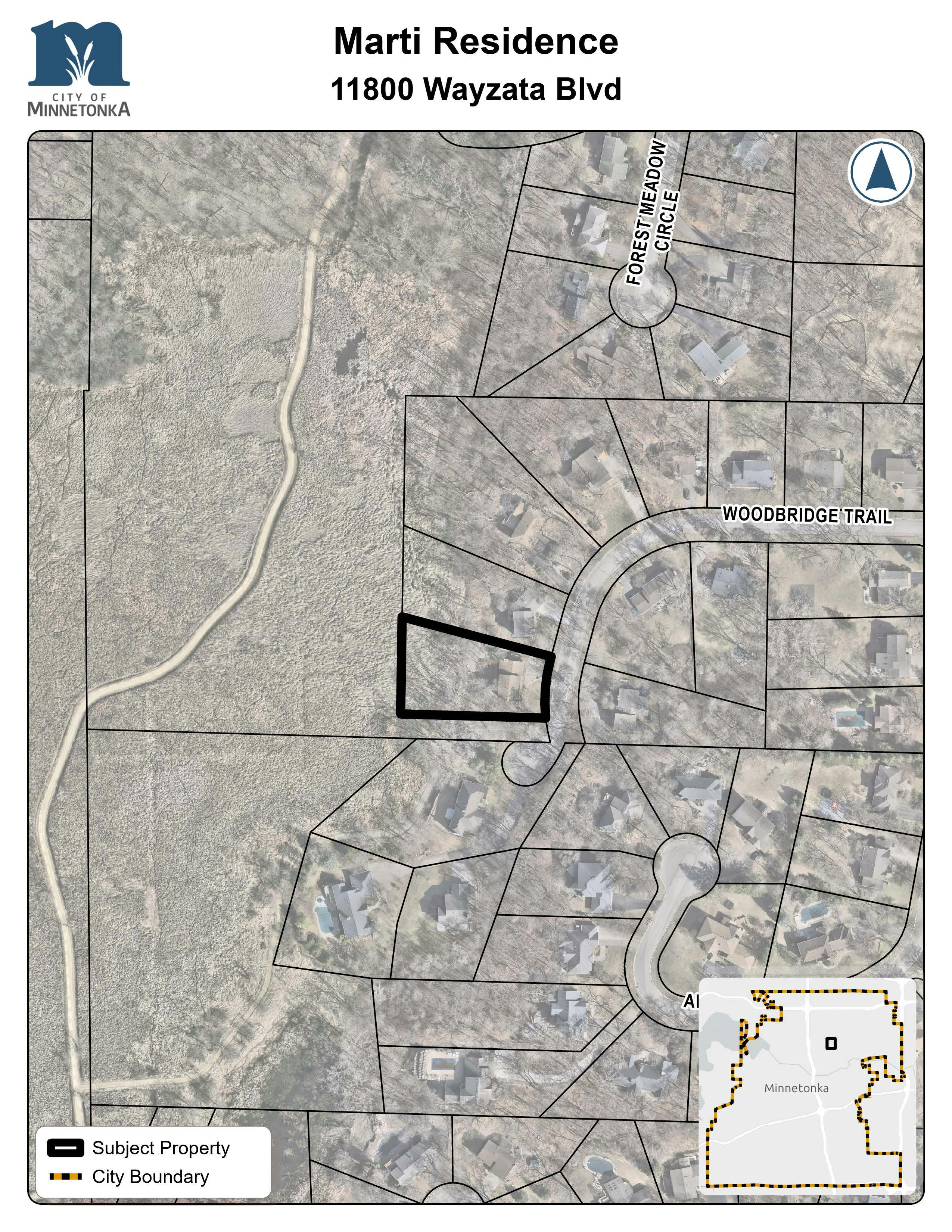 A map showing the subject property outlined in black off Woodridge Trail, near residential cul-de-sacs and wooded open space. An inset map shows its location within Minnetonka.