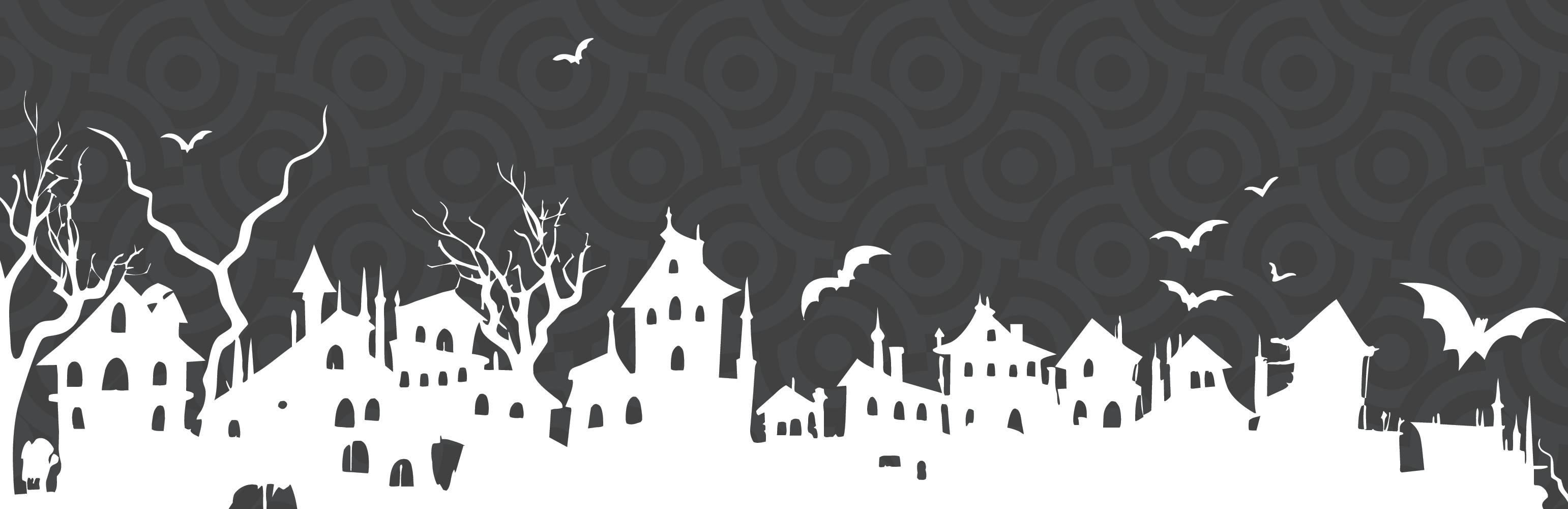 Silhouette image of spooky white houses, bats and gnarly trees set against black background