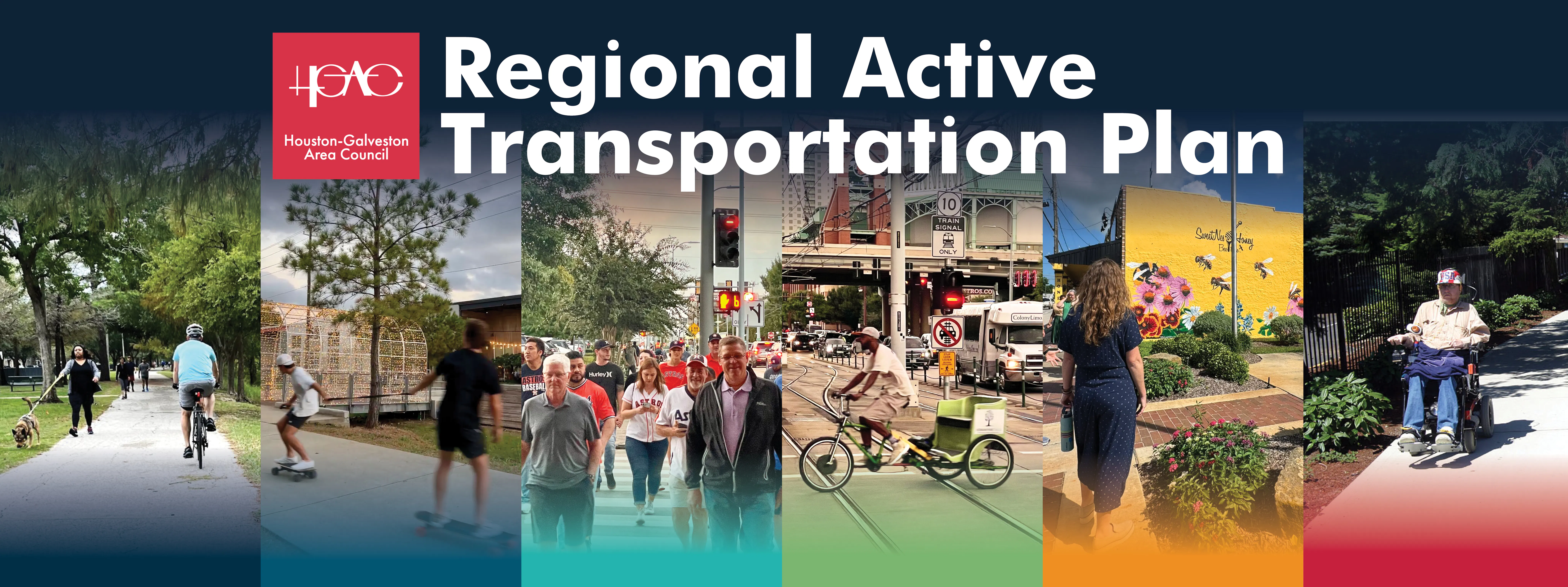 Collage of people walking, biking, and rolling on a trail and sidewalks. 