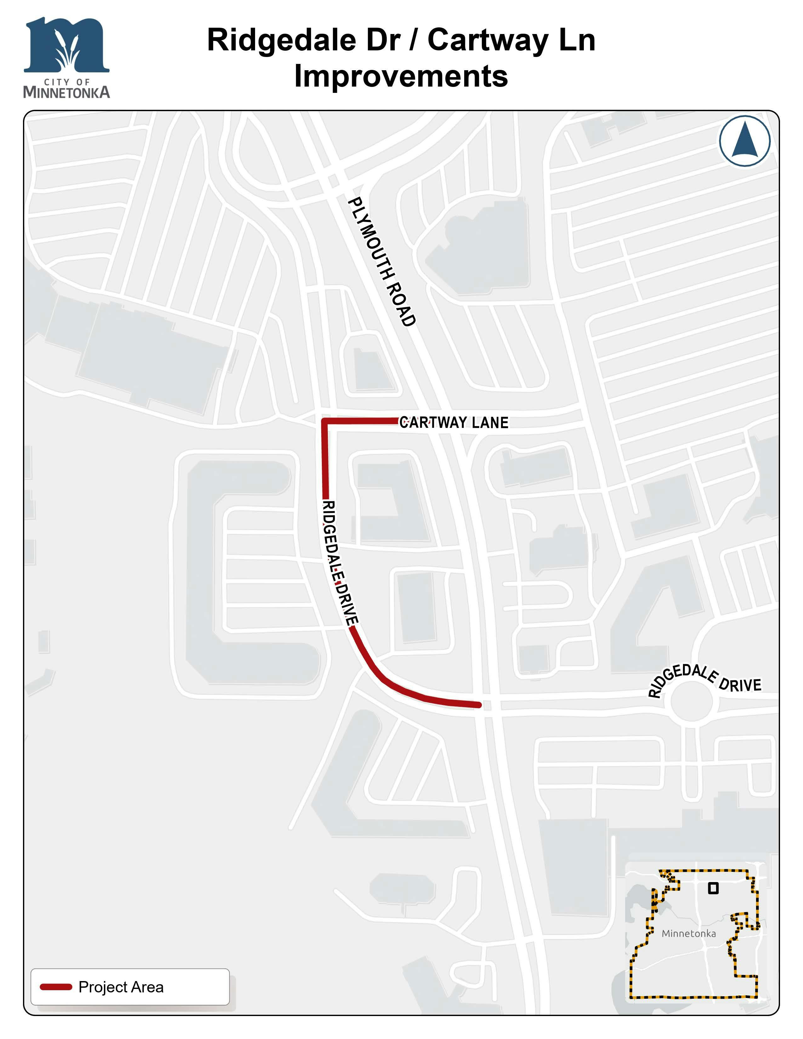 Map showing the Ridgedale Drive and Cartway Lane improvement area in Minnetonka, with the project area highlighted in red along part of Ridgedale Drive and a segment of Cartway Lane near Plymouth Road