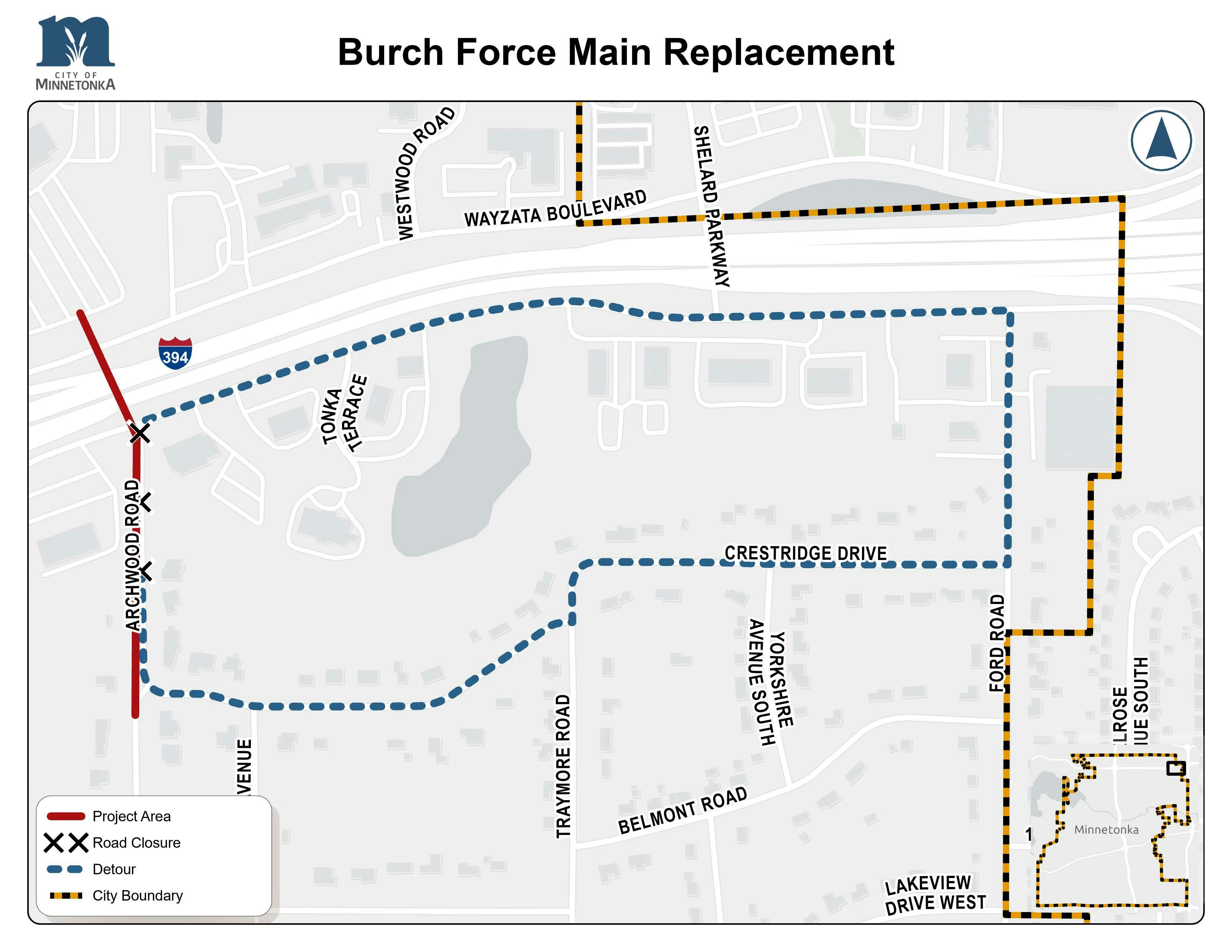 Map showing the Burch Force Main Replacement project on Archwood Road with road closures marked and a blue detour route around the area