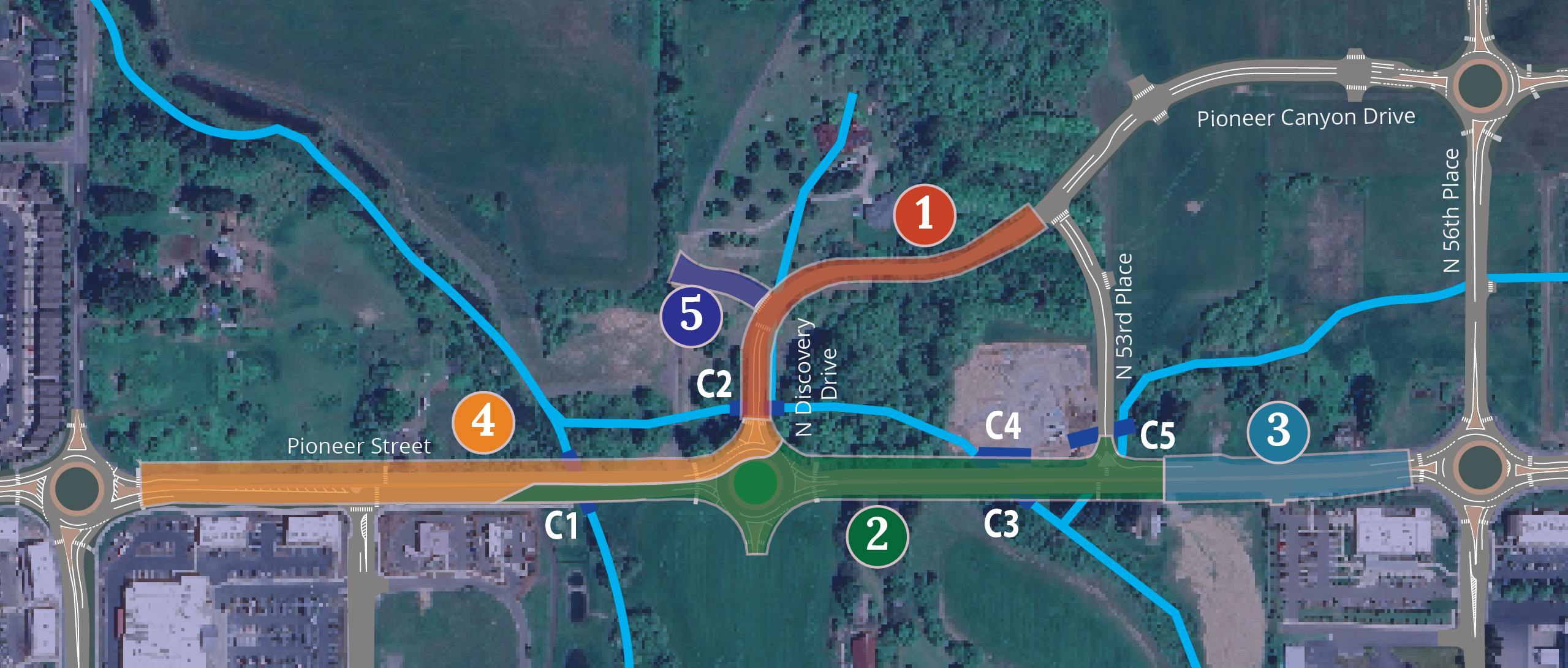 Project map with colored overlays marking phases 1 through 5.