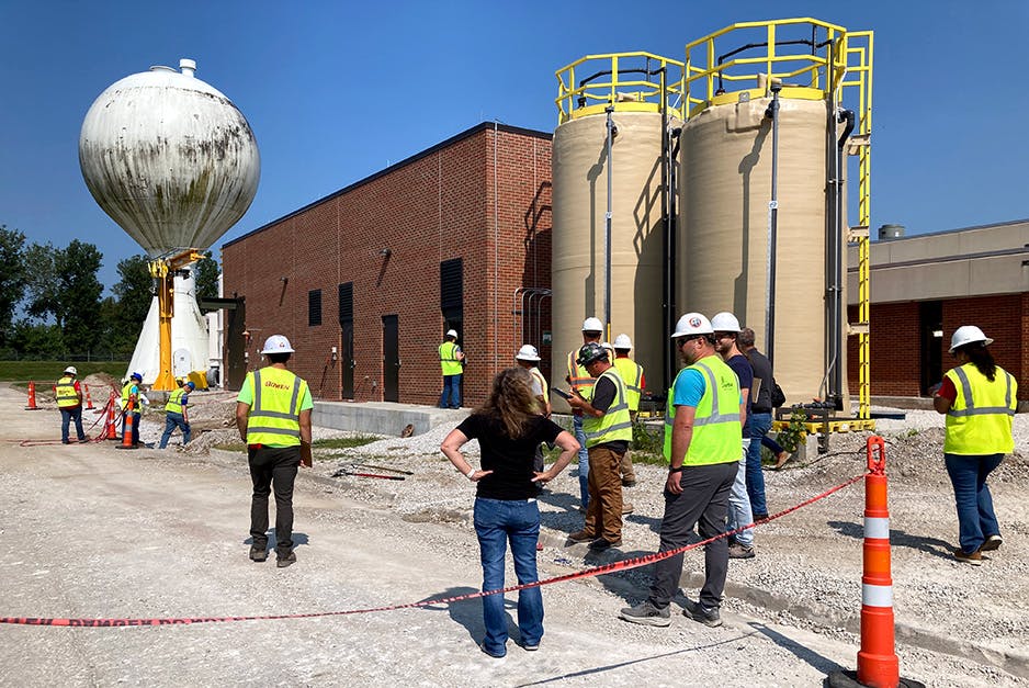 Staff from the City of Columbia Water Utility, HDR and Bowen Engineering investigate progress at the new Chemical Building. 
