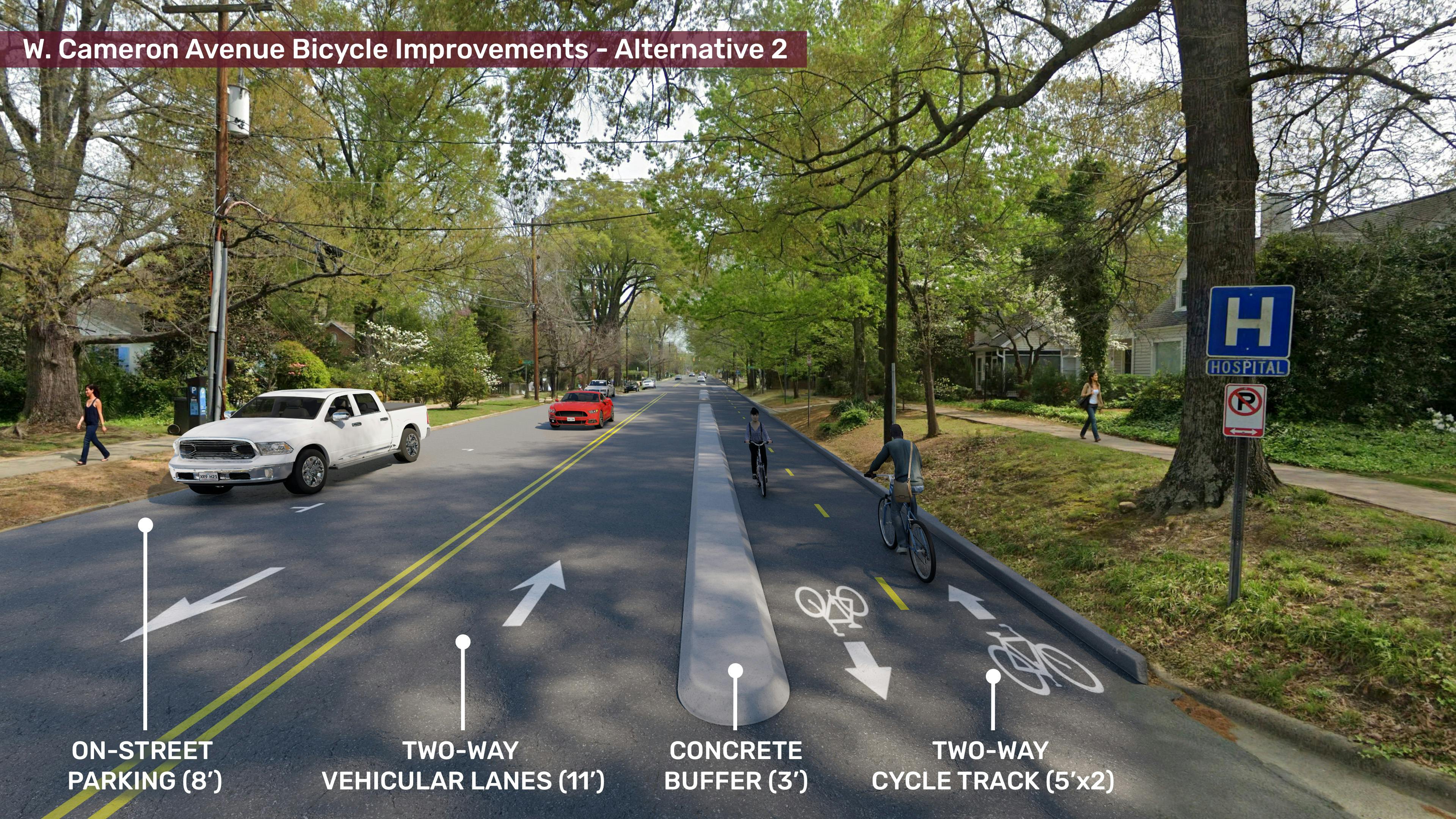 Image showing Alternative 2 for the W Cameron Ave Bike Improvement Project. Alternative 2 is a two way cycle track on the south side of Cameron Ave