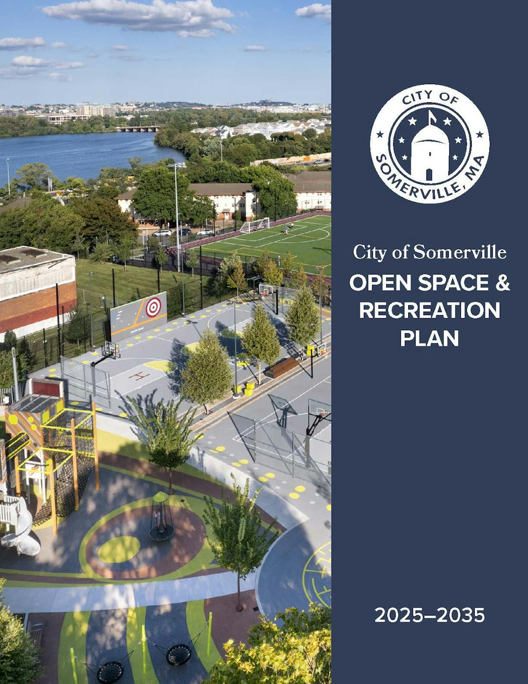 Image of plan cover with view of the Healey School playground, field, and the Mystic River, city seal, and title.
