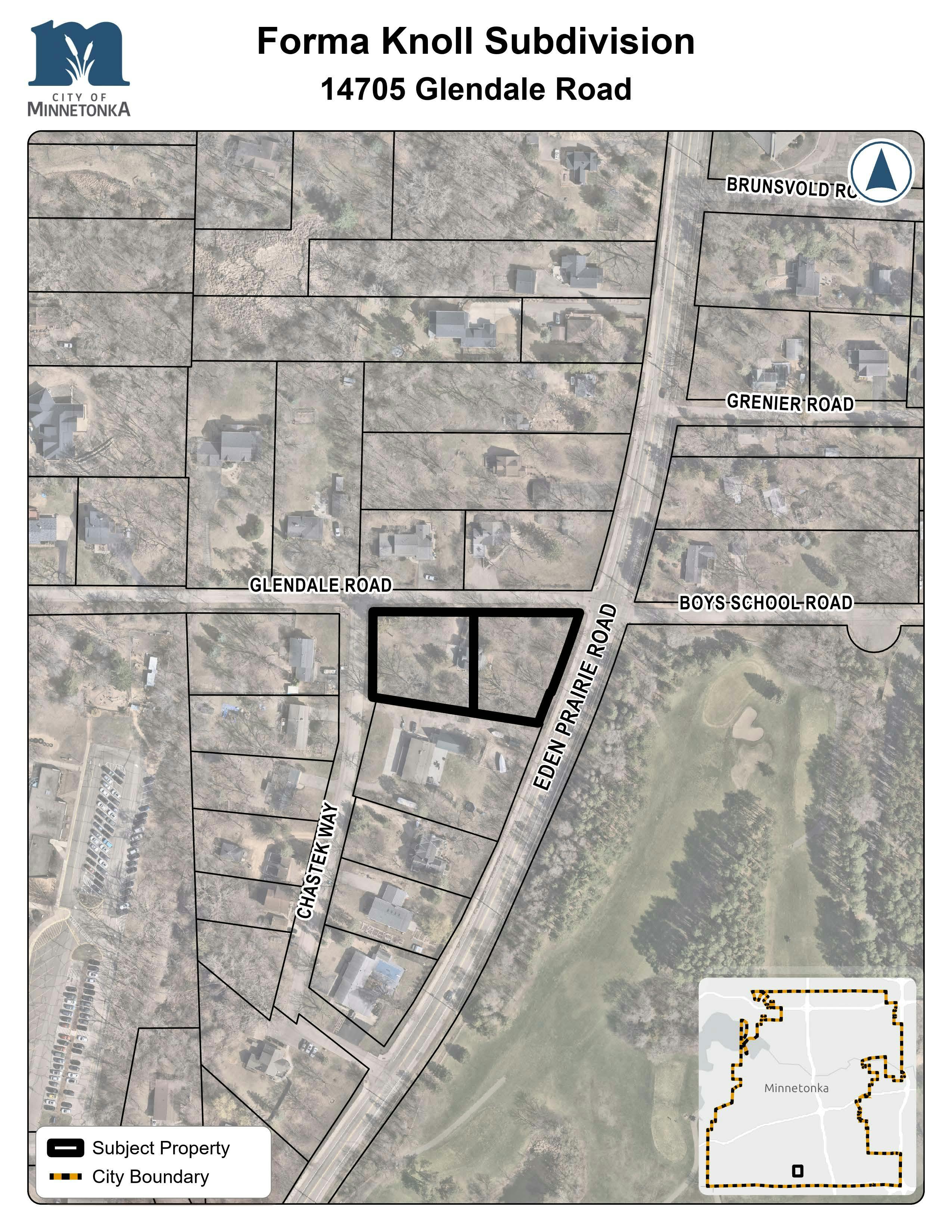 Map showing the subject property outlined in black at 14705 Glendale Road in Minnetonka, located near the intersection of Glendale Road and Eden Prairie Road