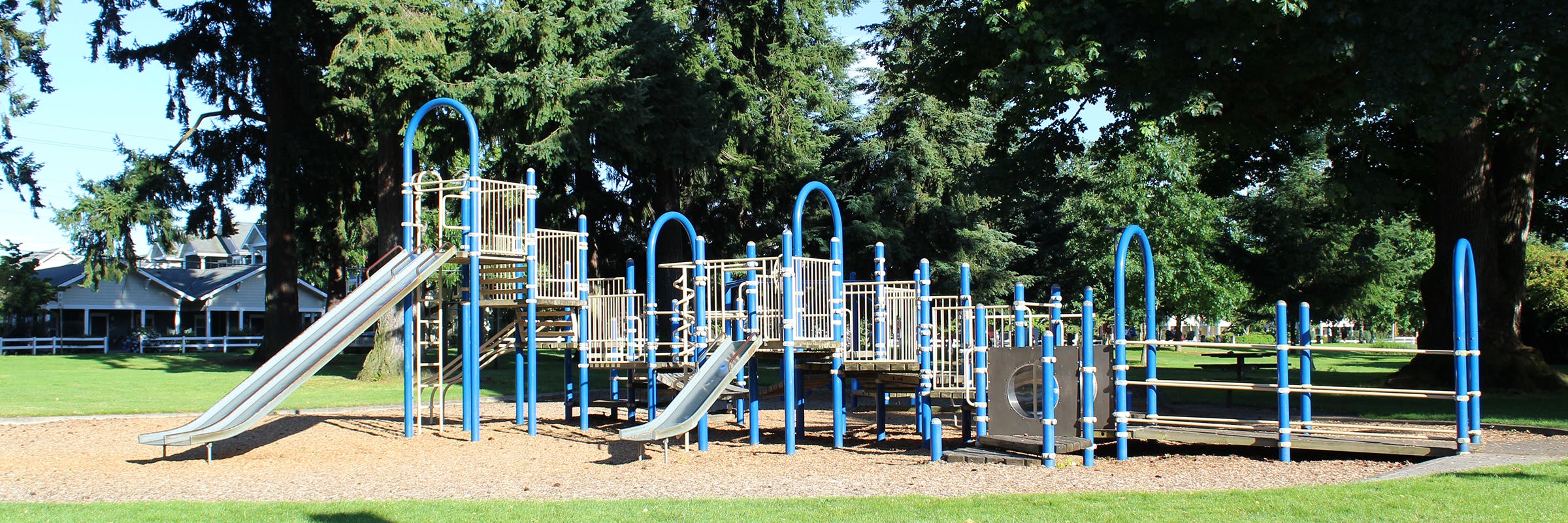 An old blue metal play structure with slides and platforms surrounded by wood chips in a lush, green park. 