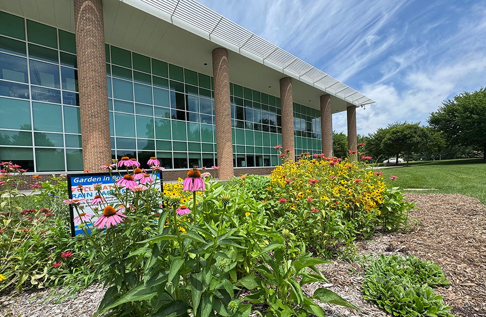 Pollinator garden sign surrounded by flowers and building in the background