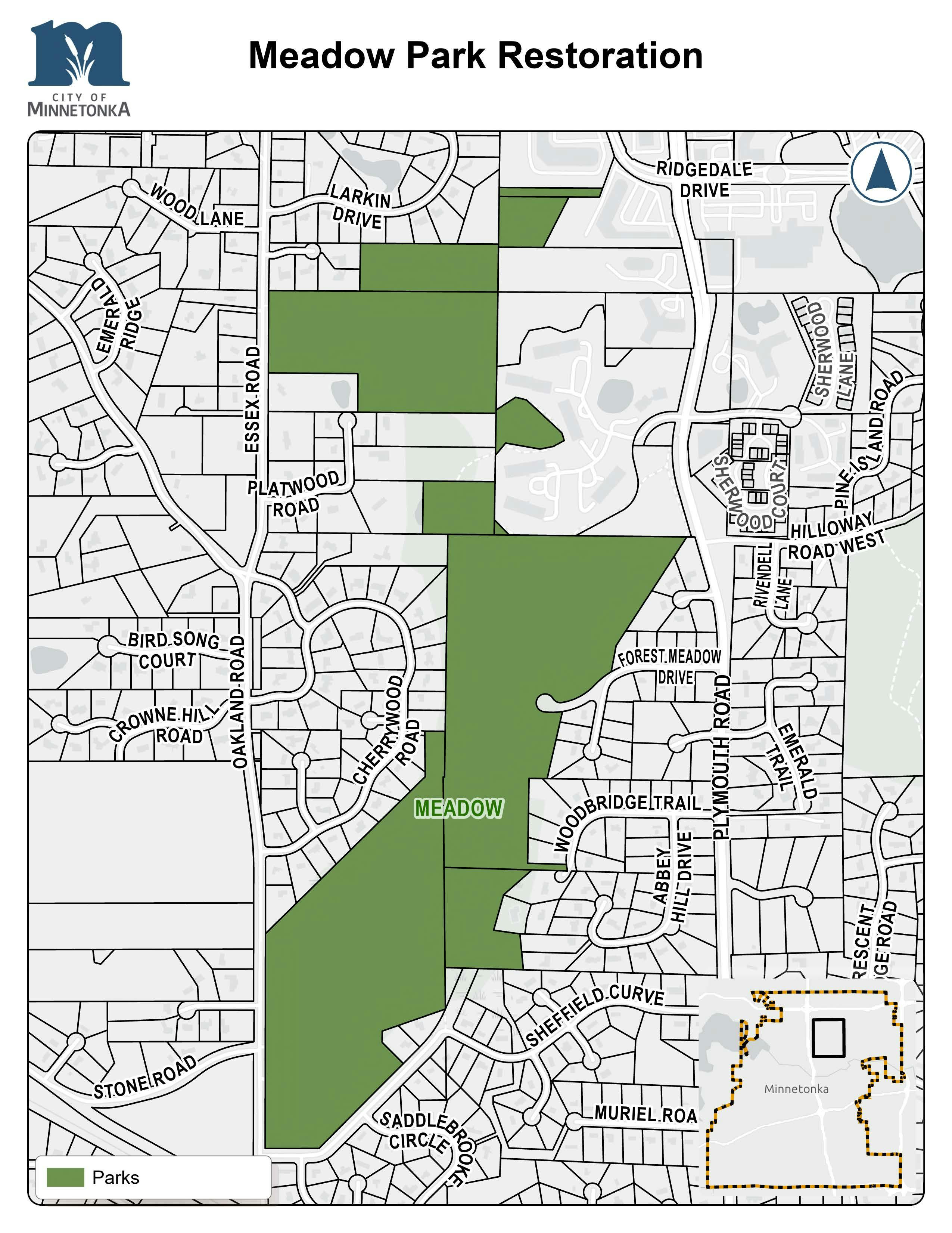 A map showing Meadow Park highlighted in green across several connected sections between neighborhoods, bordered by streets such as Essex Road, Oakwood Road, Sherwood Drive, and Meadow Creek Drive. An inset map shows the park’s location in Minnetonka.