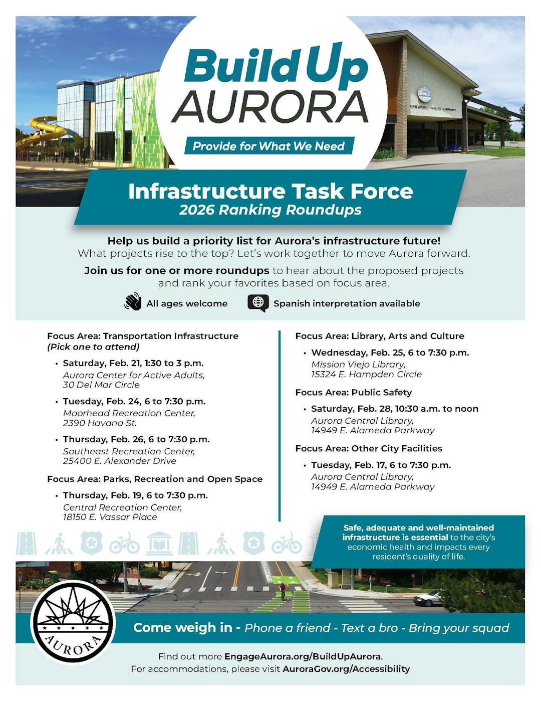 A graphic with photos of a recreation center, library and road with icons of infrastructure and words supporting the copy