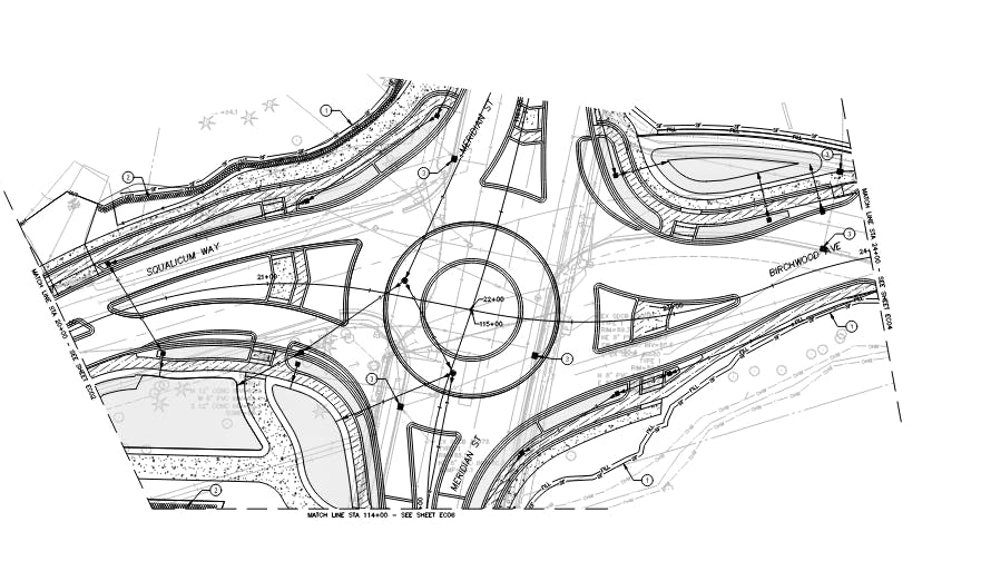 60 percent design engineering drawing, focused on the center of the roundabout