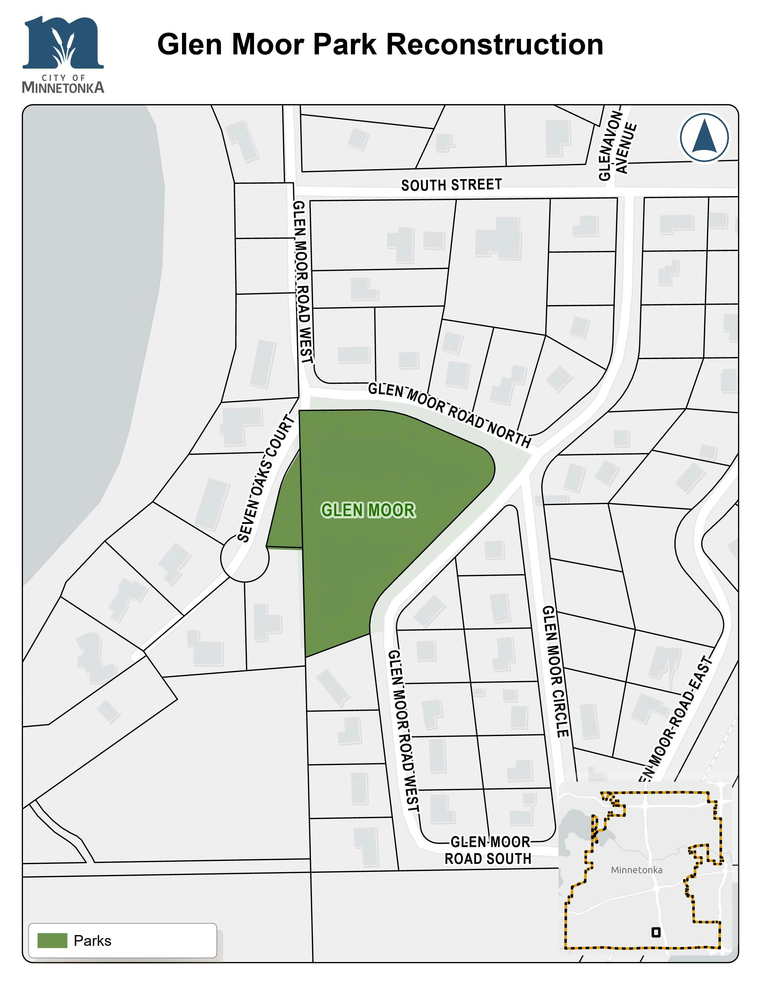 A map showing Glen Moor Park in Minnetonka highlighted in green, surrounded by neighborhood streets including Glen Moor Road North, Glen Moor Road West, Glen Moor Circle, and Glen Moor Road South. An inset map shows the park’s location in the city.
