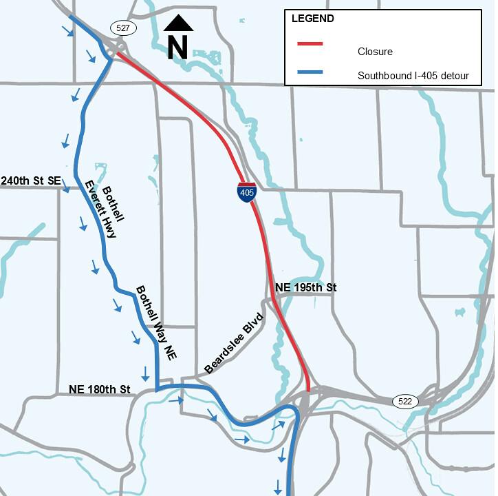 Southbound I-405 closure detour (SR 527 to SR 522)