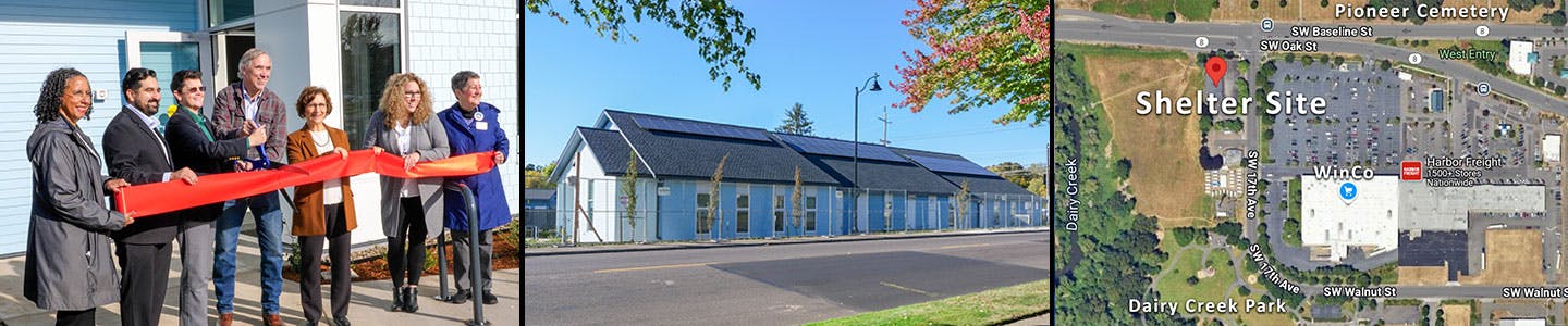 Partners cut ribbon at shelter grand opening,  view of shelter from WinCo, shelter site near WinCo and Dairy Creek Park