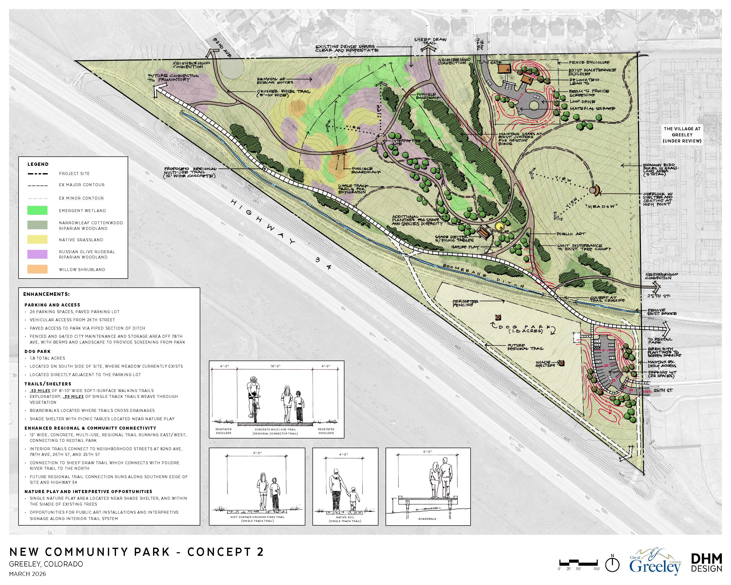 Concept 2 site plan for Greeley’s new community park showing trails, a nature play area, a dog park in the south portion of the site near parking, and connections to neighborhood and regional trails.