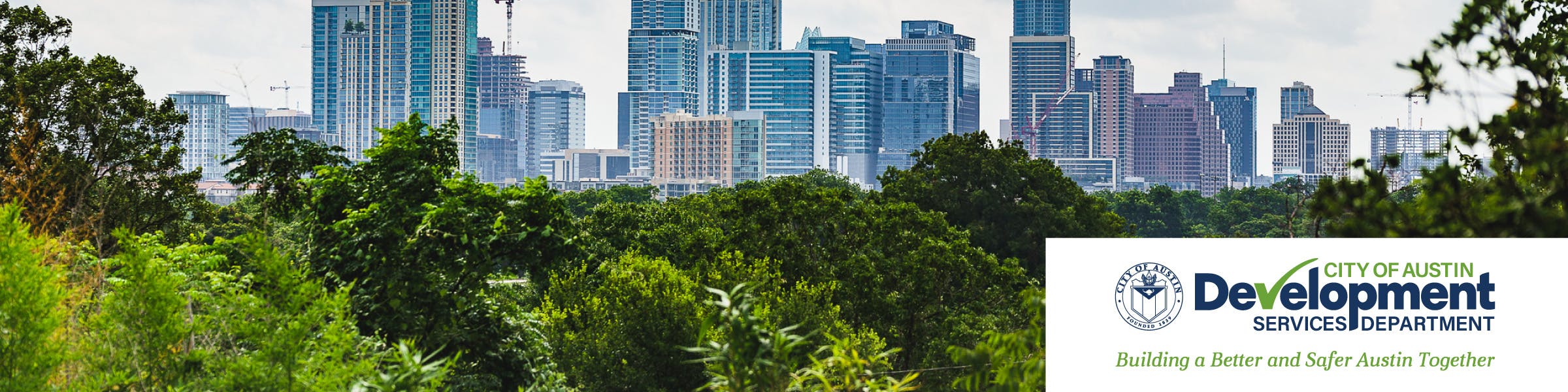 Image of trees in foreground with downtown Austin in background.