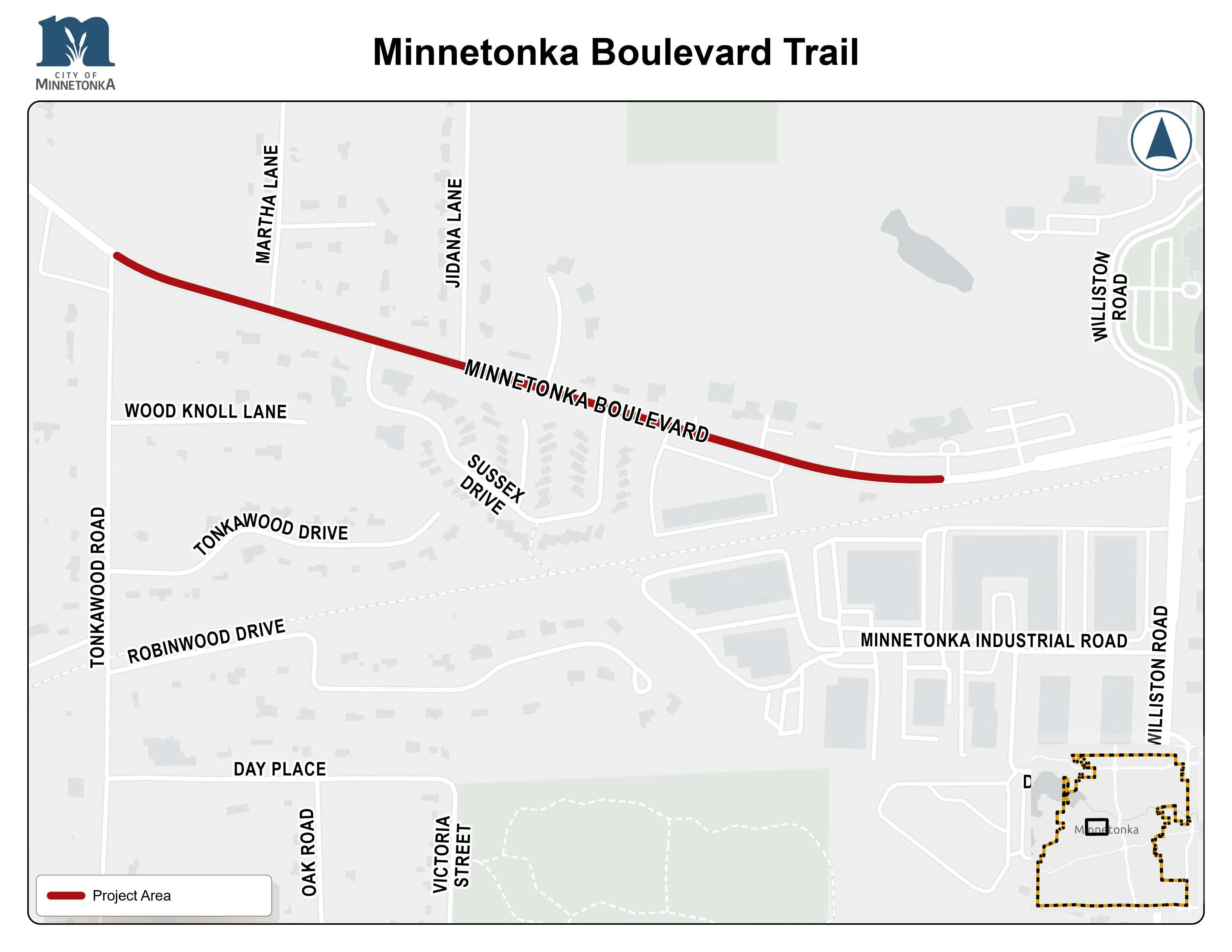 Map showing the Minnetonka Boulevard Trail project area, highlighted in red along Minnetonka Boulevard between Martha Lane and Williston Road