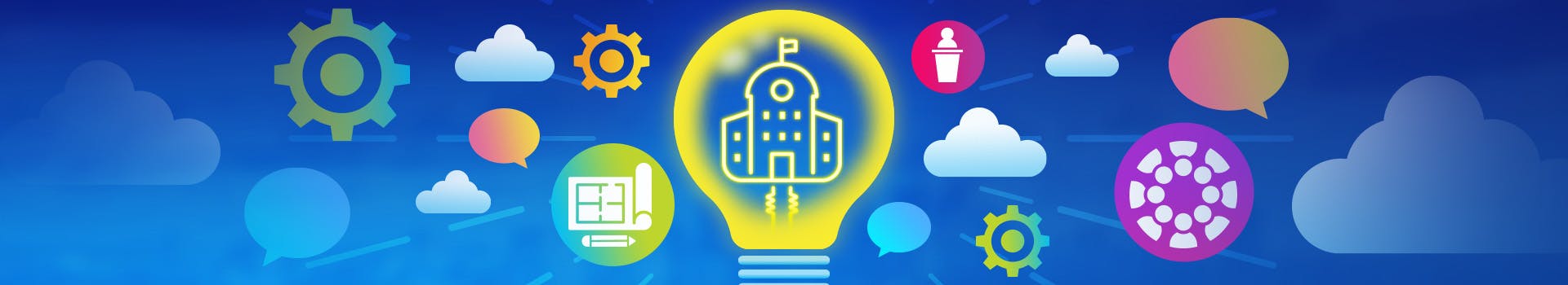 City hall icon inside light bulb icon on blue gradient background