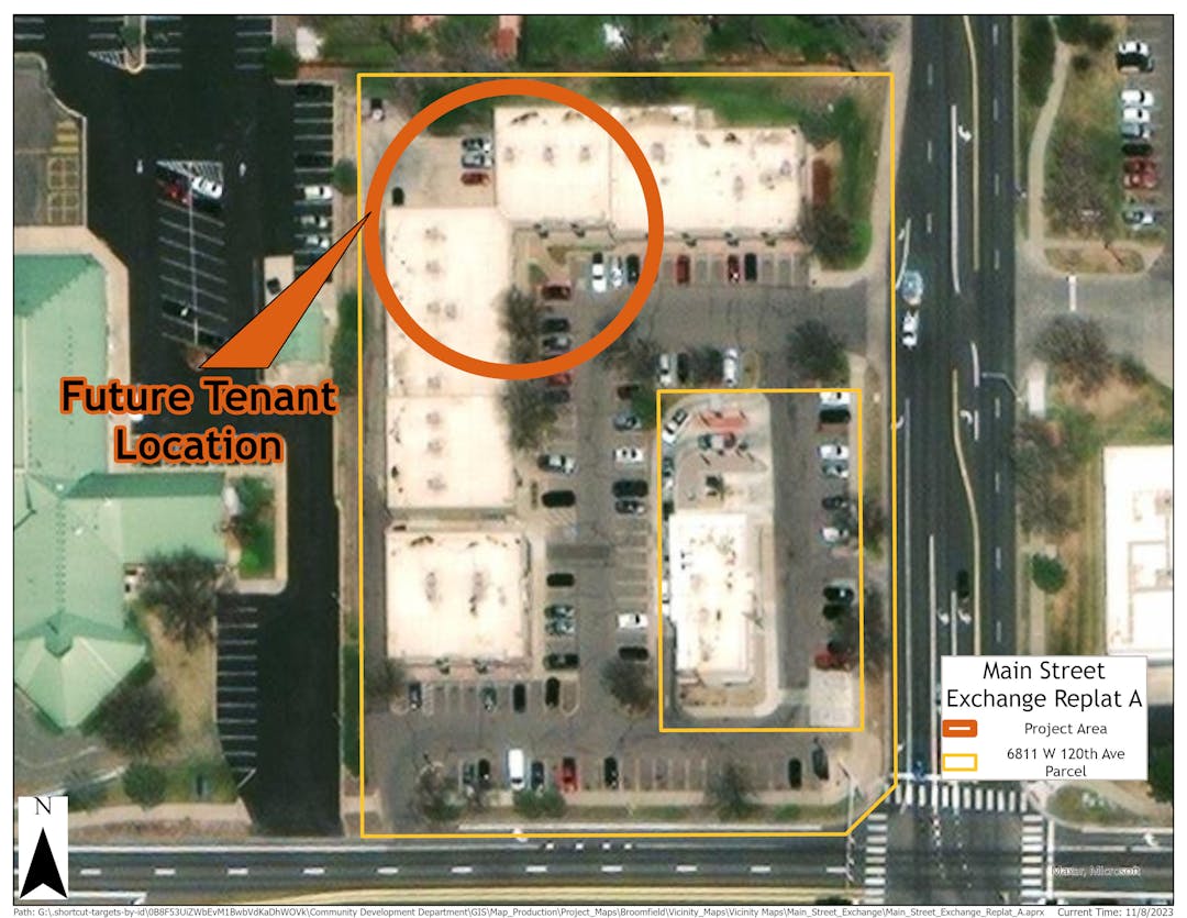 A map showing the property location and the project boundary outlined in yellow and the tenant space circled in orange.