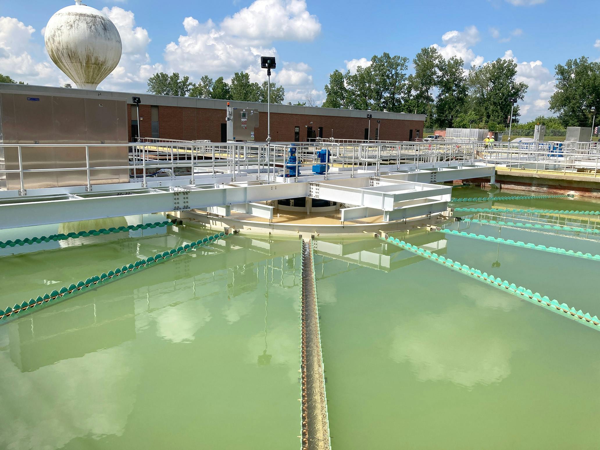 The primary basin in Clarifier 2 is online, meaning all four clarifier trains are in service. 
