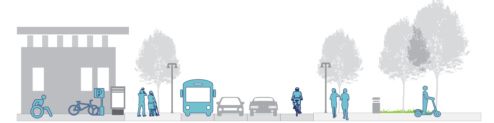 A blue and grey rendering of different kinds of mobility users - walkers, drivers, wheelchair users, bike riders, etc.