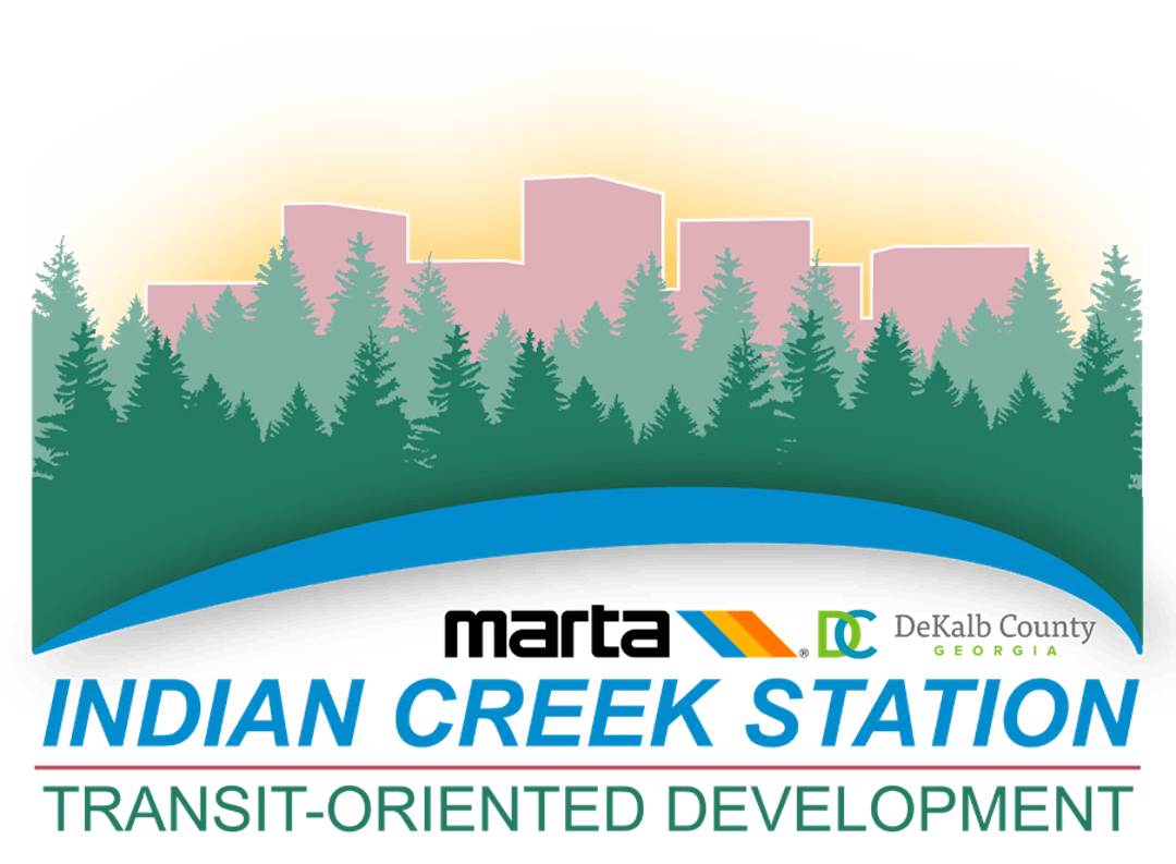 MARTA Indian Creek Station Logo with trees and the outline of a city in the background