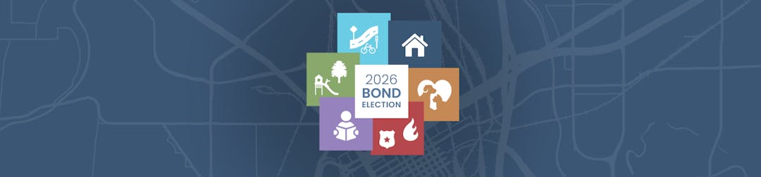 Logo for the 2026 Bond Election, wheel with six different colors and icons representing the propositions