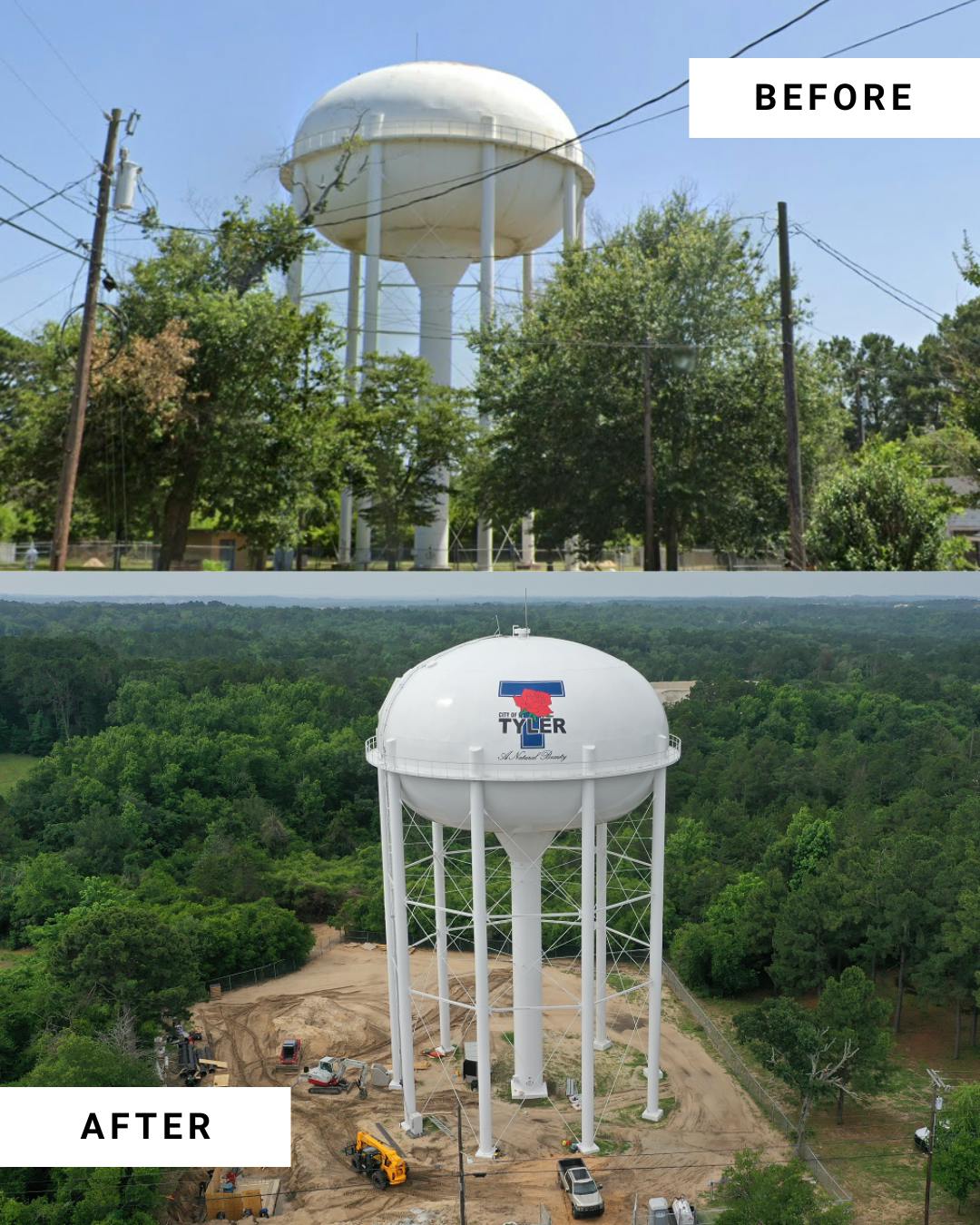Before and after photos of the West 2nd Street Elevated Storage Tank in Tyler, Texas.