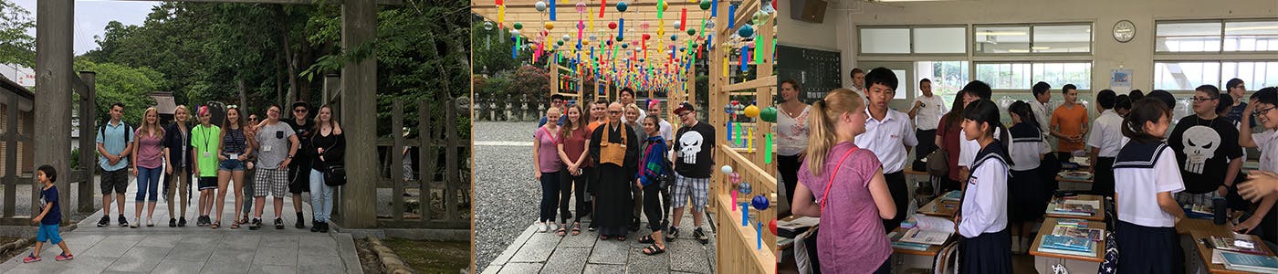 2017 Hillsboro Student Delegation in Fukuroi, Japan. Collage: At entrance to temple, with a monk, and visiting a school