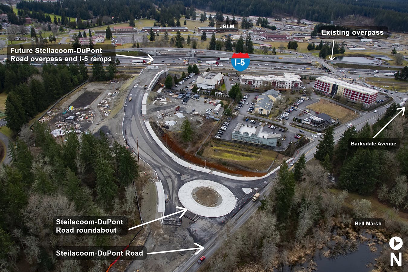 Aerial photo showing locations of future Steilacoom-Dupont Rd overpass, I-5 ramps and Steilacoom-Dupont Rd roundabout