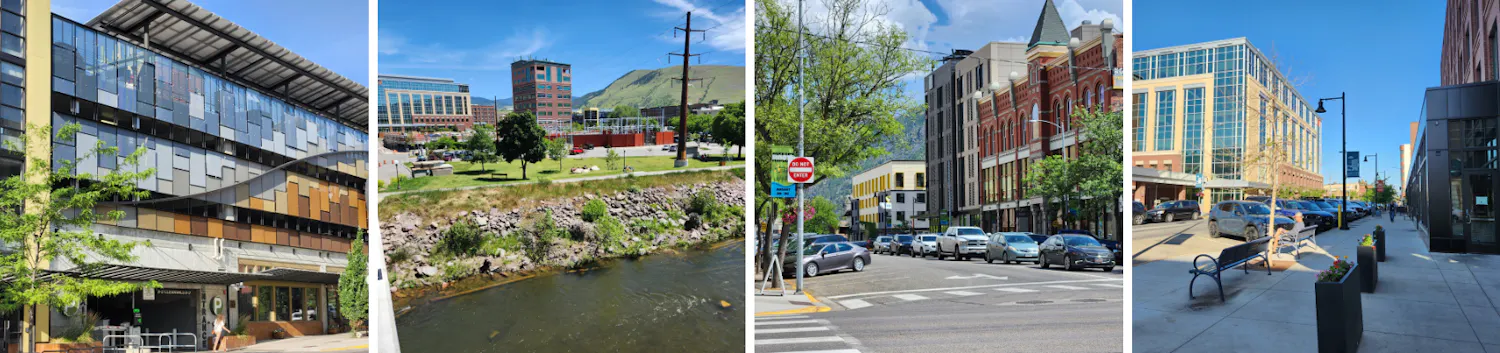 front street parking garage, clark fork river trail, main street with cars, front street with parked cars