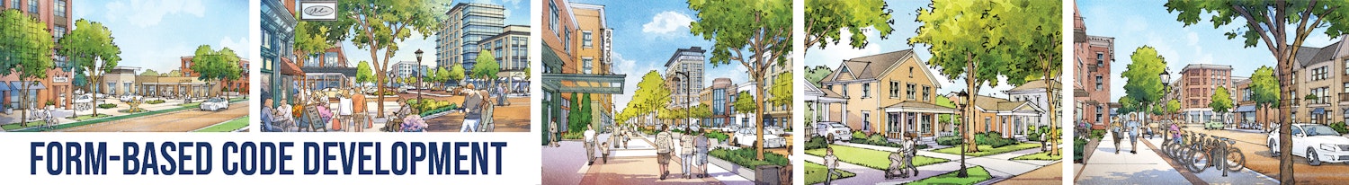 Rendering of a form based code with people walking and cars driving