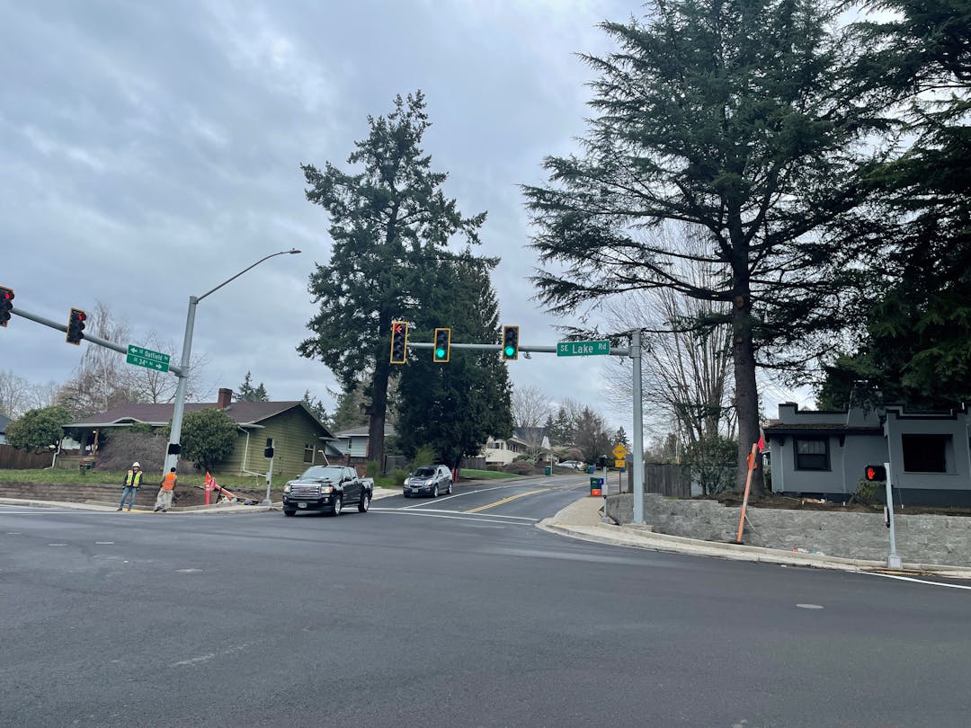 Intersection at Lake/34th/Oatfield with new traffic light installed on Feb. 15, 2022.